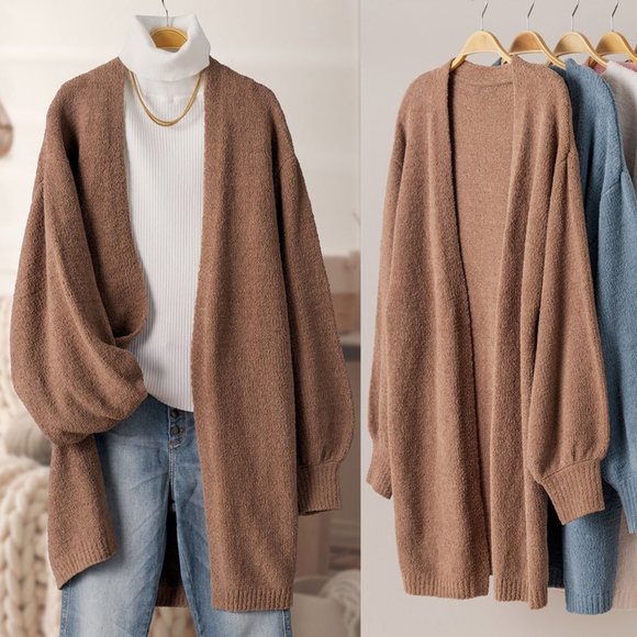 NEW Ultra Soft Bishop Sleeves Long Open Cozy Plush Sweater Cardigan Coco Brown - Picture 7 of 11